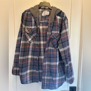 Hurley Plaid Button Down Shirt with hood- Navy, Gray, and Red